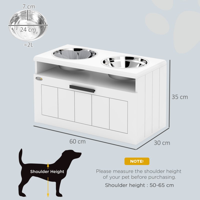 PawHut Raised Dog Bowl, Elevated Pet Bowls with Slow Feeder, Two Stainless Steel Bowls, Drawer, for Large & Extra Large Dogs, White