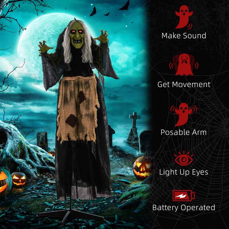 HOMCOM 160cm Witch Outdoor Halloween Decoration, Halloween Animatronic with Sound Activated, Light Up Eyes, Sound Effects, Animated Prop for Haunted House