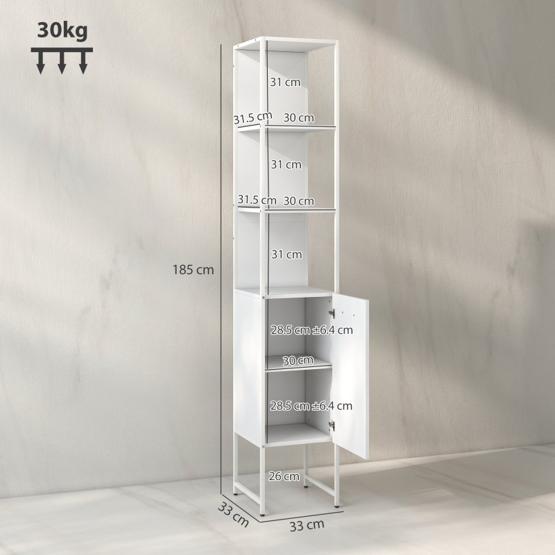 HOMCOM Tall Bathroom Cabinet, Slim Bathroom Storage Cabinet with 3 Open Shelves and Adjustable Shelf, Freestanding Storage Cupboard, 33 x 33 x 185 cm