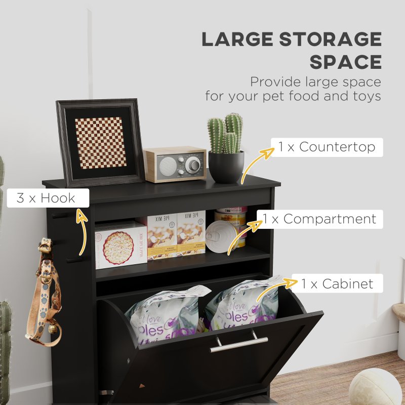 PawHut Pet Feeder Station, Dog Food Storage Container w/ Raised Dog Bowls, Hanger, for Food and Water - Black