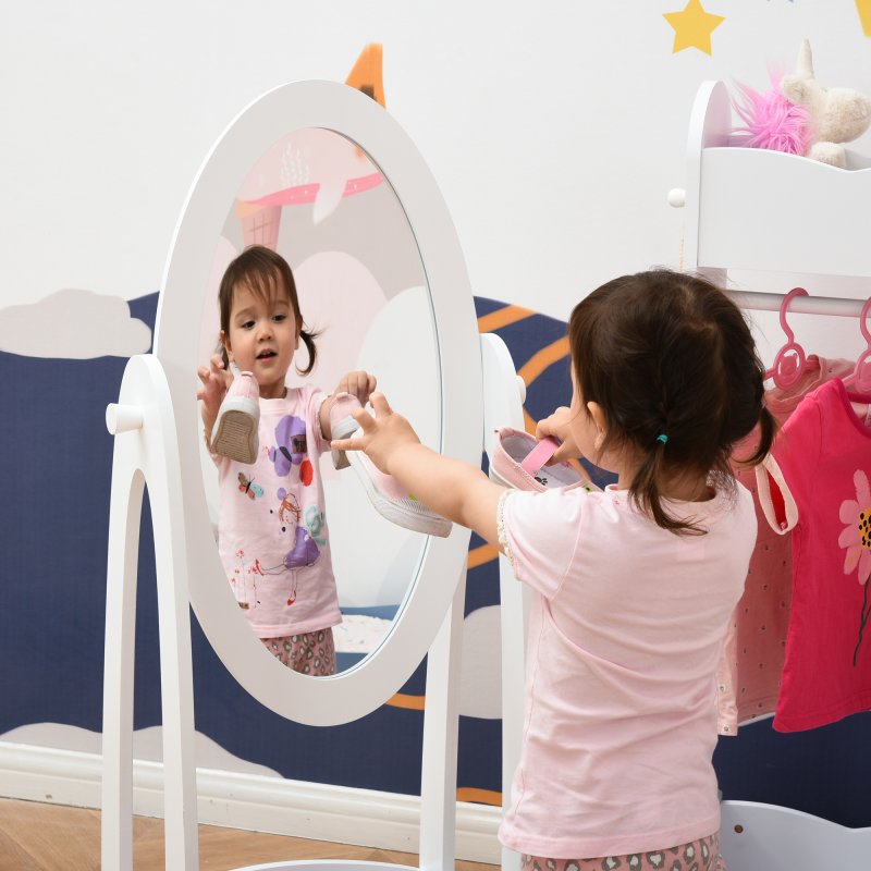 HOMCOM Free Standing Full Length Mirror, Child's Dressing Mirror with storage shelf, Children's White Bedroom Furniture 360?? Rotation MDF, For 3- 8 Years Old, 40L x 30W x 104H cm