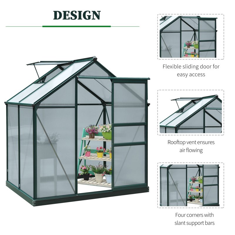 Outsunny 6 x 4ft Polycarbonate Greenhouse, Large Walk-In Green House with Slide Door and Window, Garden Plants Grow House with Aluminium Frame and Foundation, Dark Green