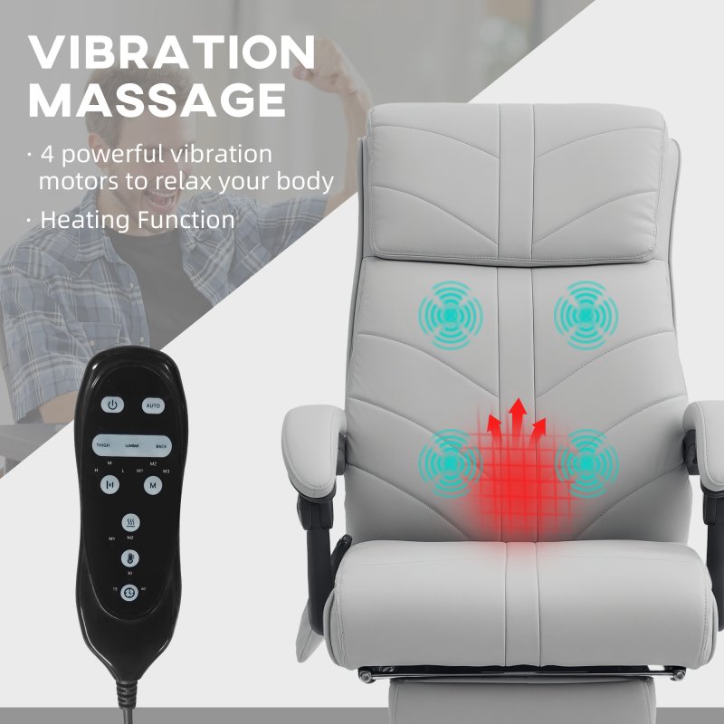 Vinsetto Office Chair with 4-point Vibration Massage and Heat, PU Leather High Back Recliner Desk Chair with Adjustable Height, Armrest, Footrest, Swivel Computer Chair for Home, Light Grey