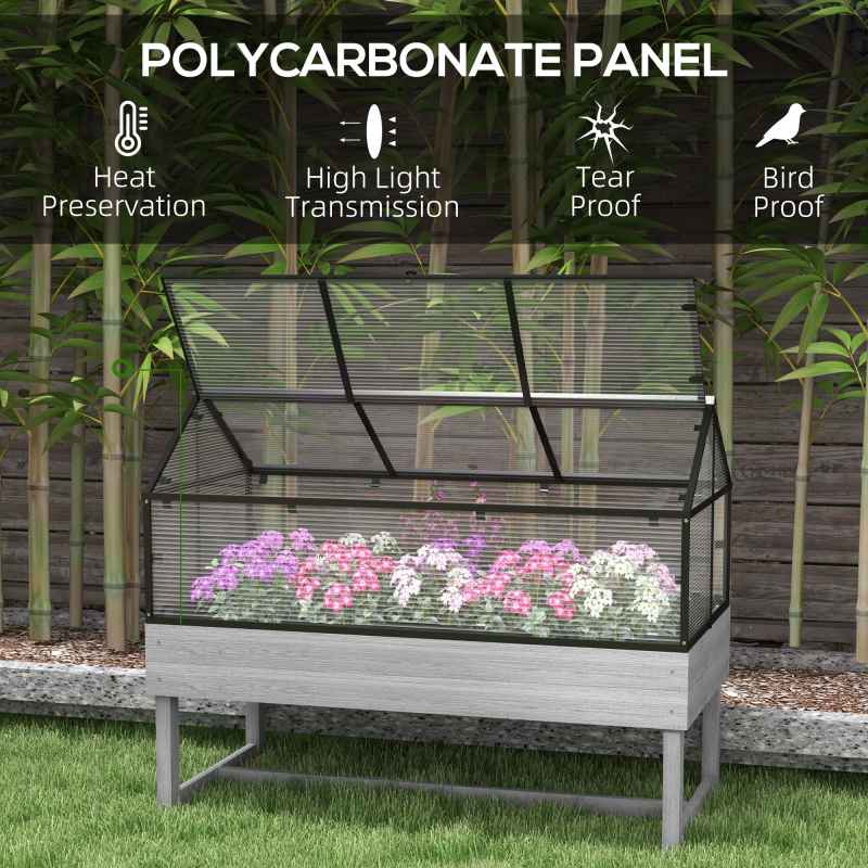 Outsunny Raised Garden Bed with Cold Frame Greenhouse, Elevated Wood Planter Box with Polycarbonate Panel and Top Vent for Vegetables, Flowers, Herbs, 120 x 60 x 103cm, Distressed Grey
