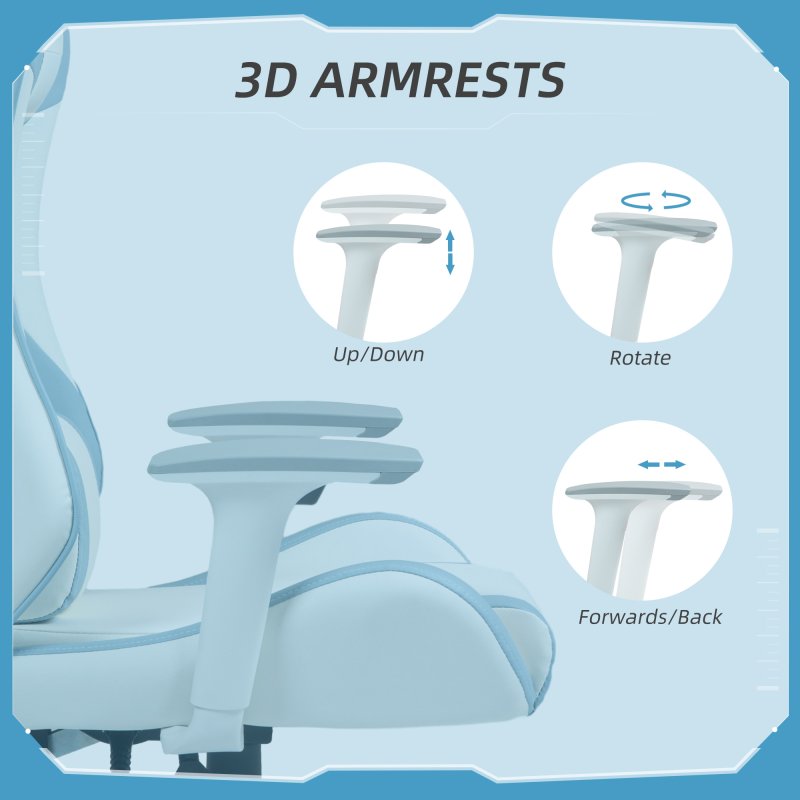 HOMCOM Gaming Chair, Racing Gamer Chair, Reclining Faux Leather Computer Chair with Headrest, Lumber Support, 3D Armrests, Adjustable Height, Swivel Wheels for Home Office, Light Blue