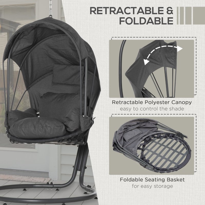 Outsunny Hanging Egg Chair with Cushion and Retractable Canopy, Swing Hammock Chair with Adjustable Metal Stand, for Indoor and Outdoor, Grey