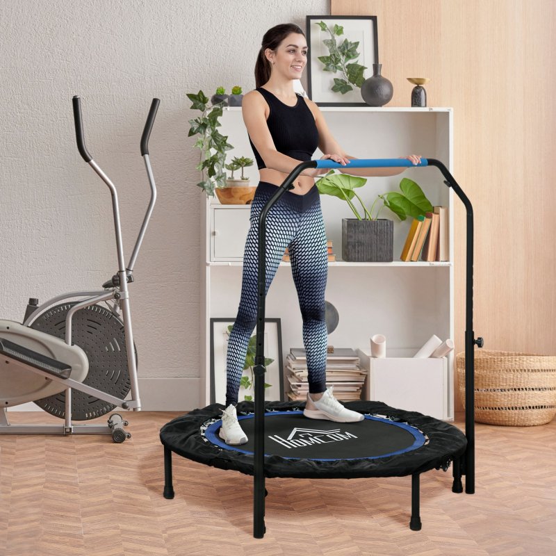 HOMCOM 40" Foldable Mini Trampoline Fitness Trampoline Rebounder for Adults with Adjustable Foam Handle, for Indoors, Outdoors, Cardio Training, Blue