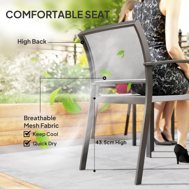 Outsunny 4 Seater Garden Dining Set, 5 Piece Garden Furniture Set with 4 Stackable Armchairs, Outdoor Table and Chairs with Easy Clean Top, Steel Frame, Texteline Seat, for Terrace, Balcony, Grey