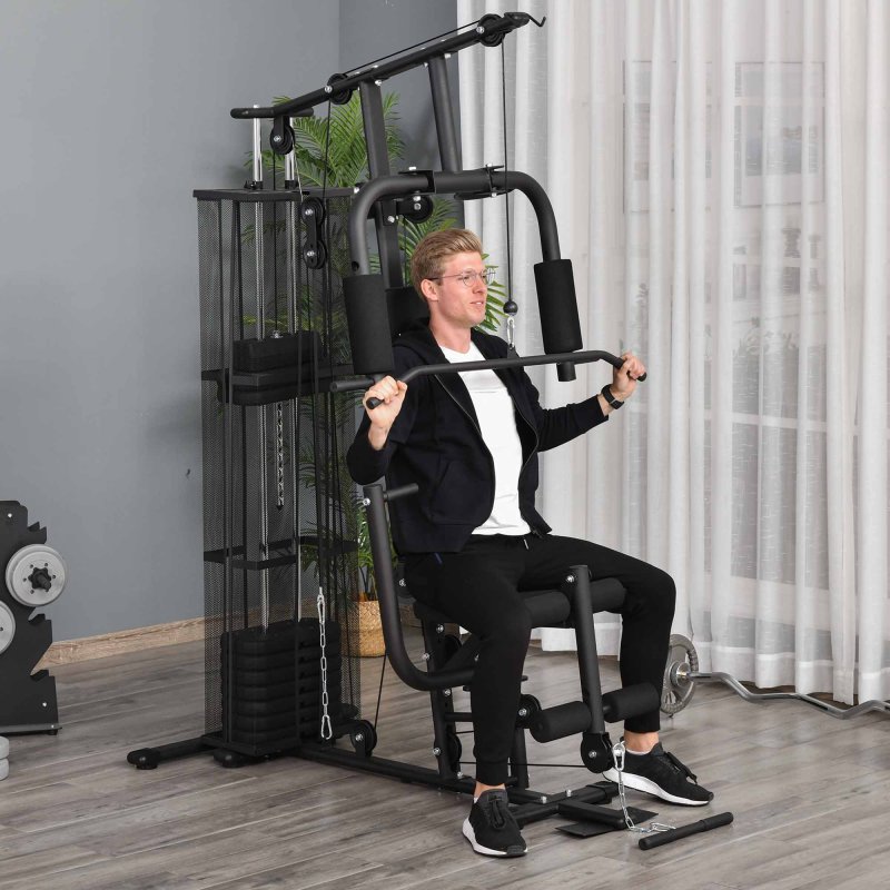 HOMCOM Multi Gym Workout Station, 45Kg Weight Stack Training System, Full Body Fitness for Home Gym, Black