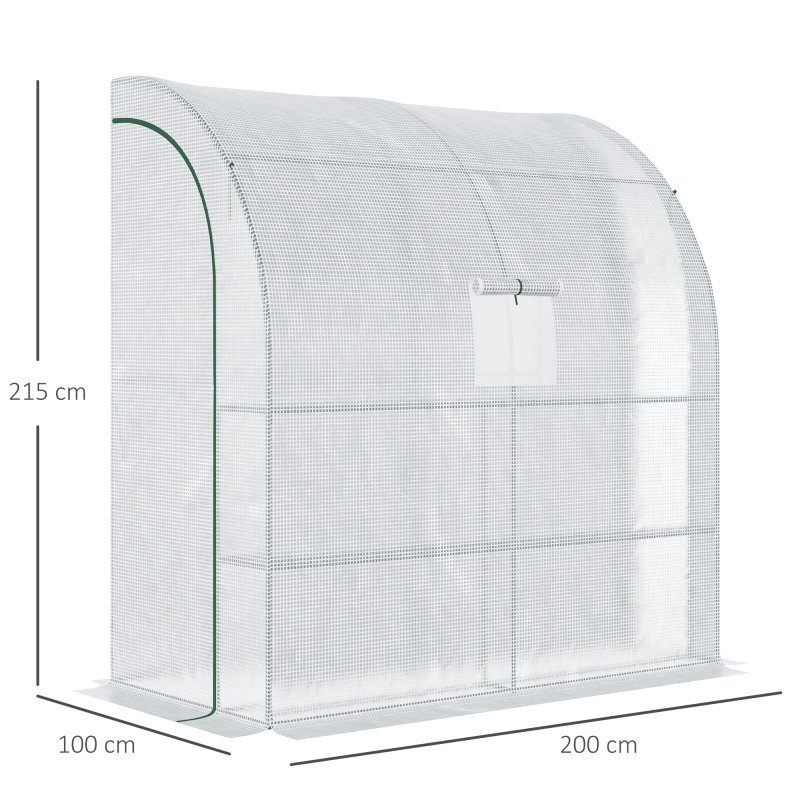 Outsunny Walk-In Lean to Wall Greenhouse with Windows and Doors, Outdoor Green House with 3 Tiers 4 Wired Shelves, 200L x 100W x 215Hcm, White