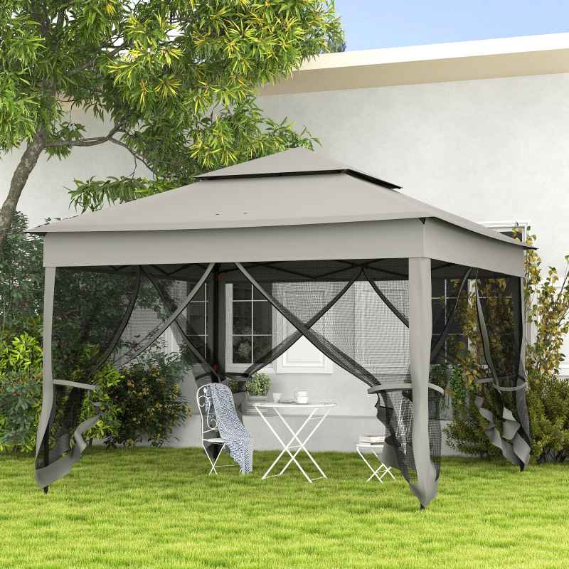 Outsunny 3 x 3(m) Pop Up Gazebo, Double-roof Garden Tent with Netting and Carry Bag, Party Event Shelter for Outdoor Patio, Dark Grey