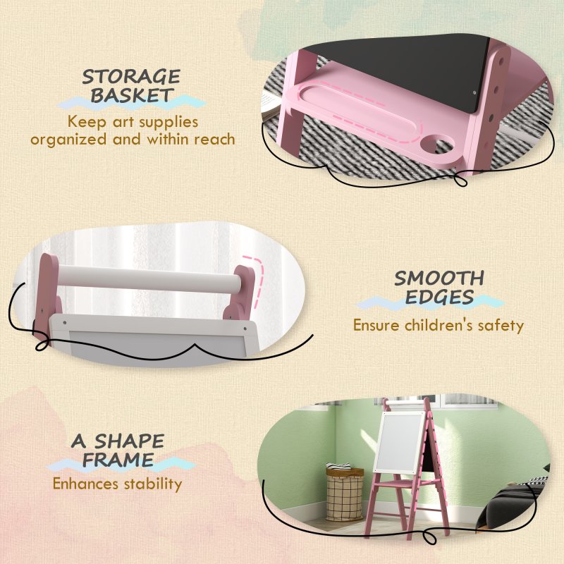 AIYAPLAY Kids Easel with Paper Roll 3 in 1 Art Easel for Toddlers Height Adjustable Double-Sided Kids Whiteboard Blackboard for Ages 3-6 Years - Pink