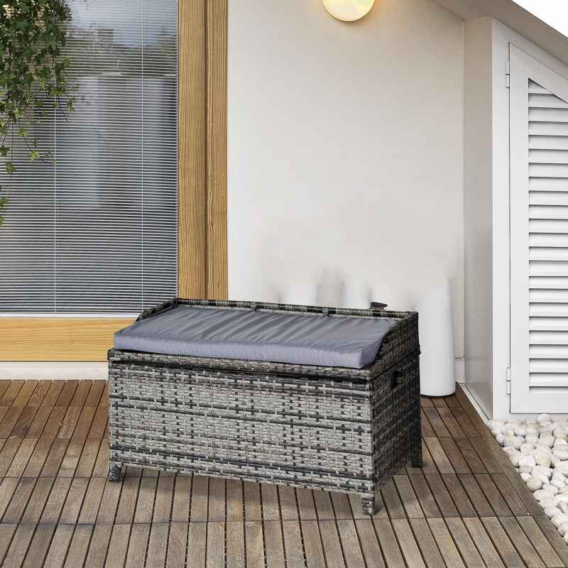Outsunny PE Rattan Outdoor Storage Bench, Aluminium Garden Bench with Storage Underneath w/ Zipped Inner Lining, Rods for Deck, Mixed Grey