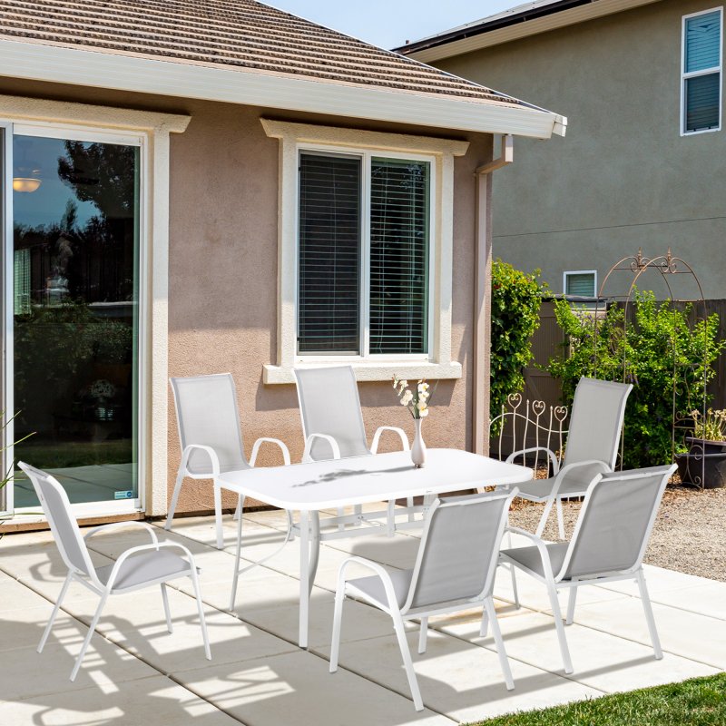 Outsunny 7 Piece Garden Dining Set with Dining Table and Chairs, 6 Seater Outdoor Furniture with Parasol Hole for Deck and Balcony, Grey