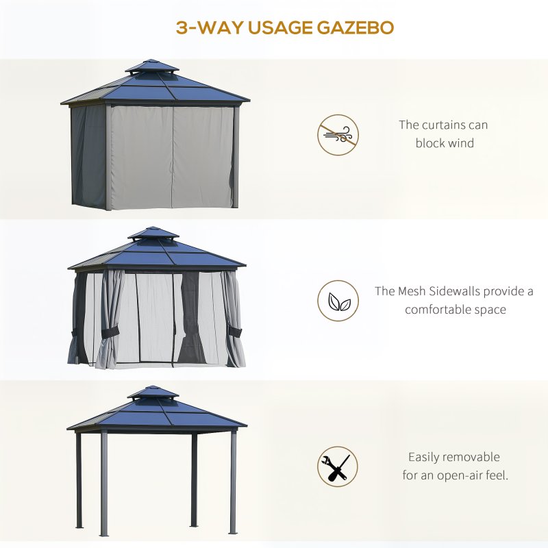 Outsunny 3 x 3(m) Polycarbonate Hardtop Gazebo Canopy with Double-Tier Roof and Aluminium Frame, Garden Pavilion with Mosquito Netting and Curtains