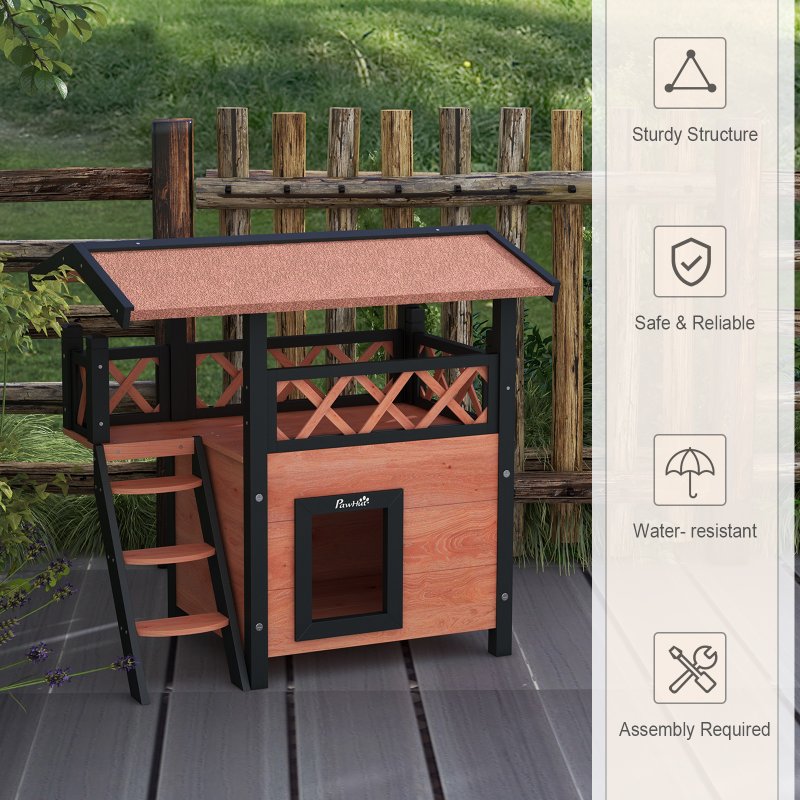 PawHut Outdoor Cat House Kitten Shelter Puppy Kennel with Balcony Stairs Asphalt Roof, 77 x 50 x 73 cm, Brown