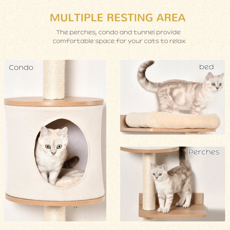 PawHut Cat Tree for Indoor Cats, Wall Mounted Cat Shelf w/ Perch, Cat House, Scratching Post - Beige