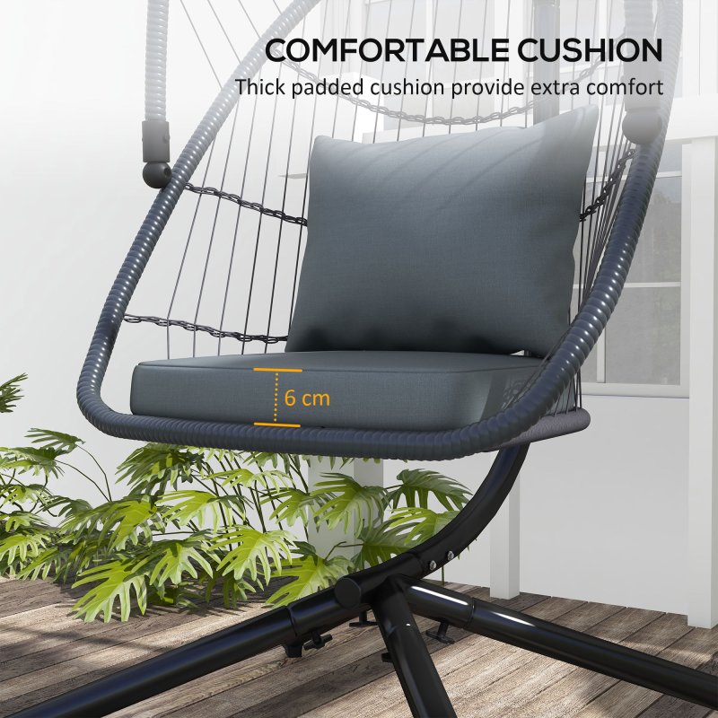 Outsunny Outdoor PE Rattan Swing Chair with Cushion, Foldable Basket Patio Hanging Chair with Metal Stand, 360 degree Rotation Spring Hook, Basket Height Adjust with Metal Chain, Grey