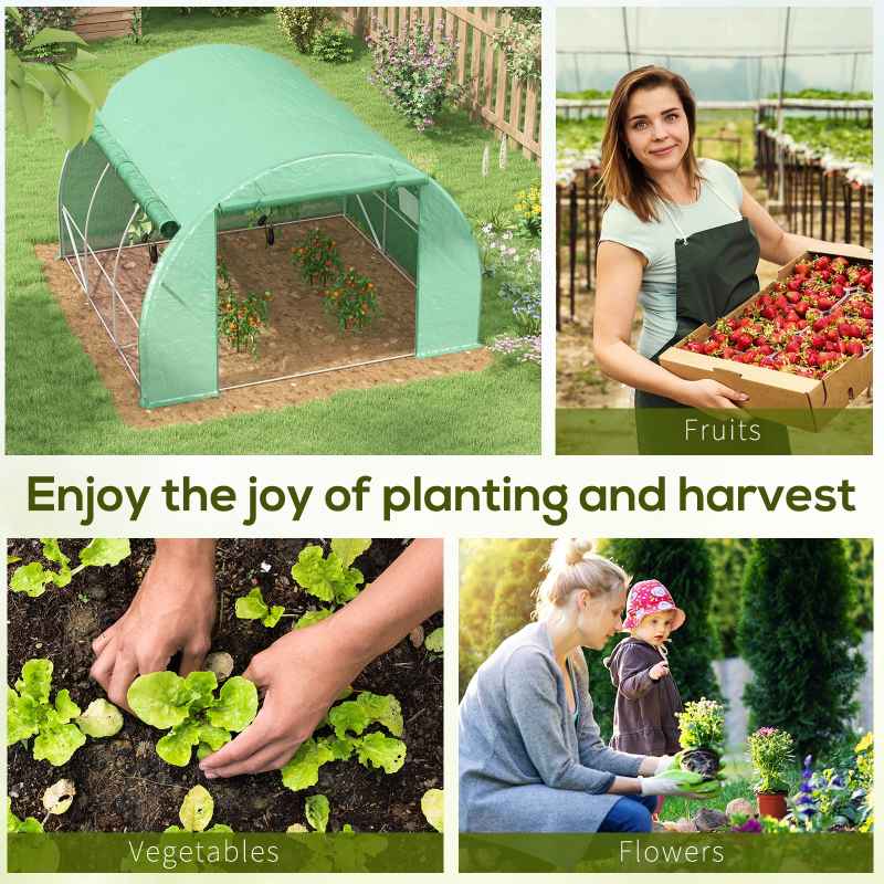Outsunny 3 x 3 x 2 m Polytunnel Greenhouse with Roll-up Side Walls, Walk-in Grow House Tent with Steel Frame, Reinforced Cover, Zipped Door and 6 Mesh Windows for Garden, Green