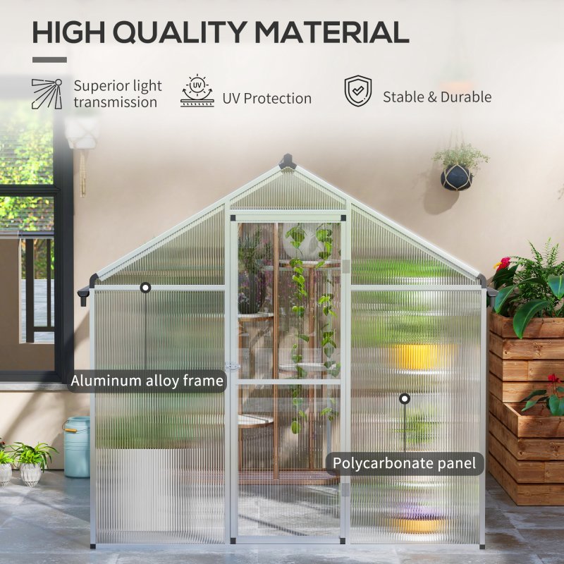 Outsunny 6 x 8ft Polycarbonate Greenhouse with Rain Gutters, Large Walk-In Green House with Door and Window, Garden Plants Grow House with Aluminium Frame and Foundation