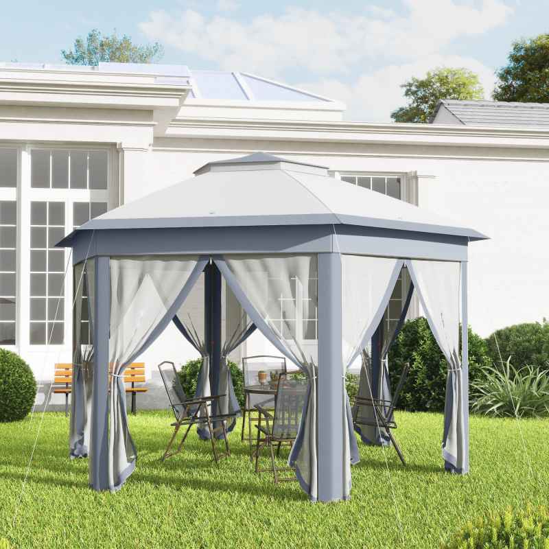 Outsunny 3 x 4m Garden Gazebo Hexagon Pop Up Gazebo Party Tent Canopy Double Roof Instant Shelter with Netting and Carry Bag for Outdoor Patio, Grey