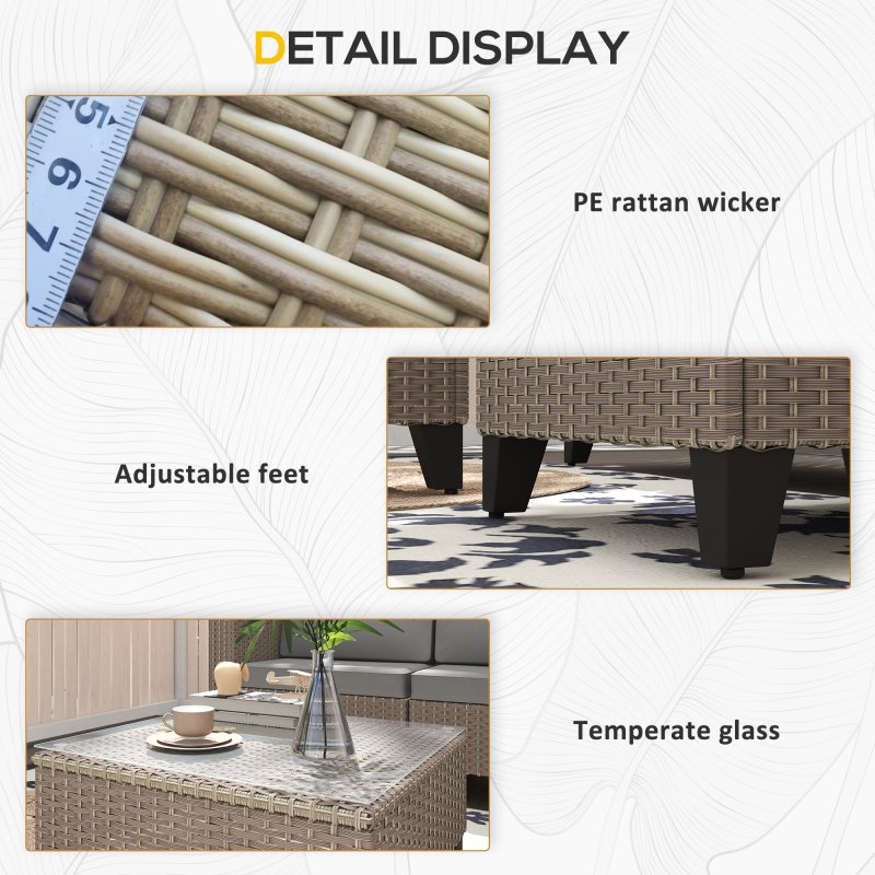 Outsunny 5 Pieces PE Rattan Garden Furniture Set, 4 Seater Garden Corner Sofa Set with Glass Coffee Table, Wicker Outdoor Furniture Set with Cushions for Patio Deck, Brown
