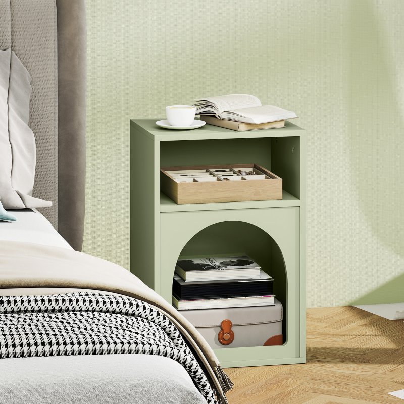 HOMCOM Bedside Table, Modern Bedside Cabinet with 2 Open Compartments and Unique Arch Design, Side Table for Living Room, Bedroom, Light Green