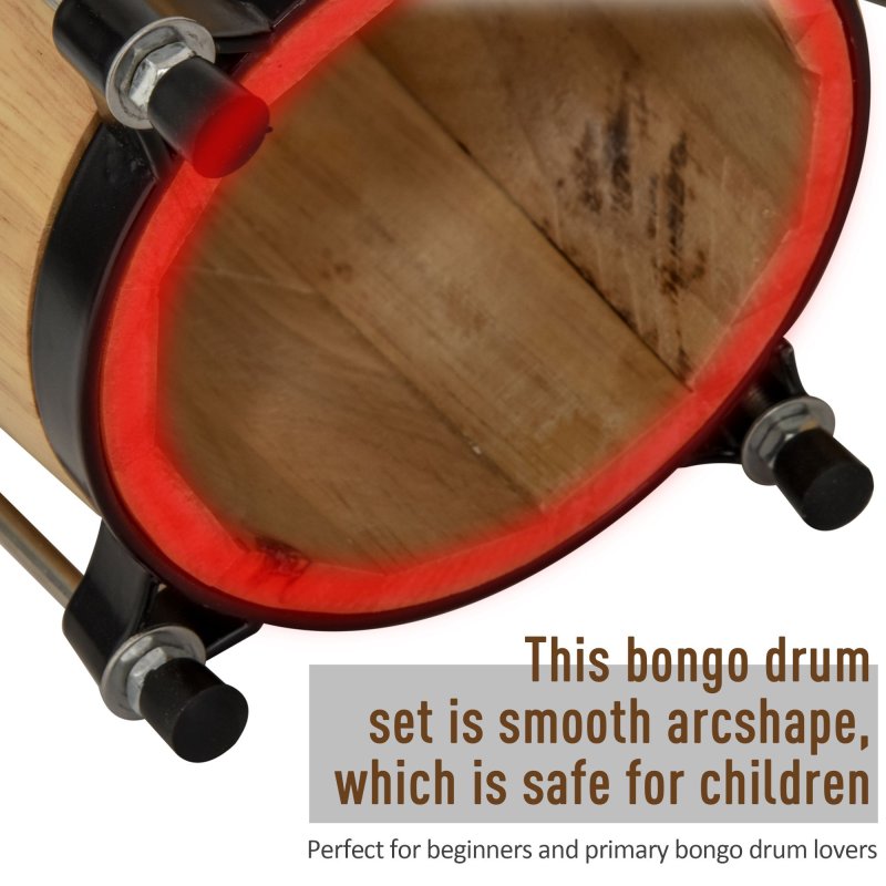 HOMCOM Wooden Bongo Drum Set ??7.75" & ??7" w/ Drum Head, Percussion Instrument, Drums, Tuning Wrench For Adults Beginners
