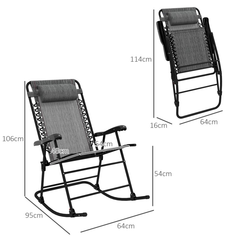 Outsunny Garden Rocking Chair Folding Outdoor Adjustable Rocker Zero-Gravity Seat with Headrest Camping Fishing Patio Deck, 95 x 64 x 106 cm - Grey