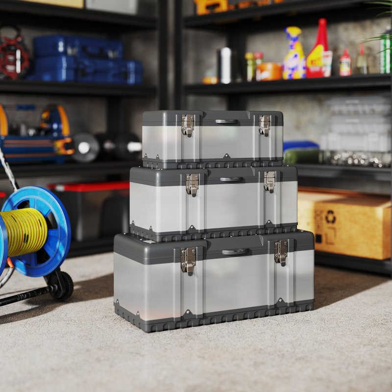 HOMCOM 3 Pieces Tool Box Set, 23"/ 19"/ 16" Powder Coated Stainless Steel Toolbox with Removable Tray, Handles, Latches, Heavy Duty Tool Case Storage for Workshop, Garage