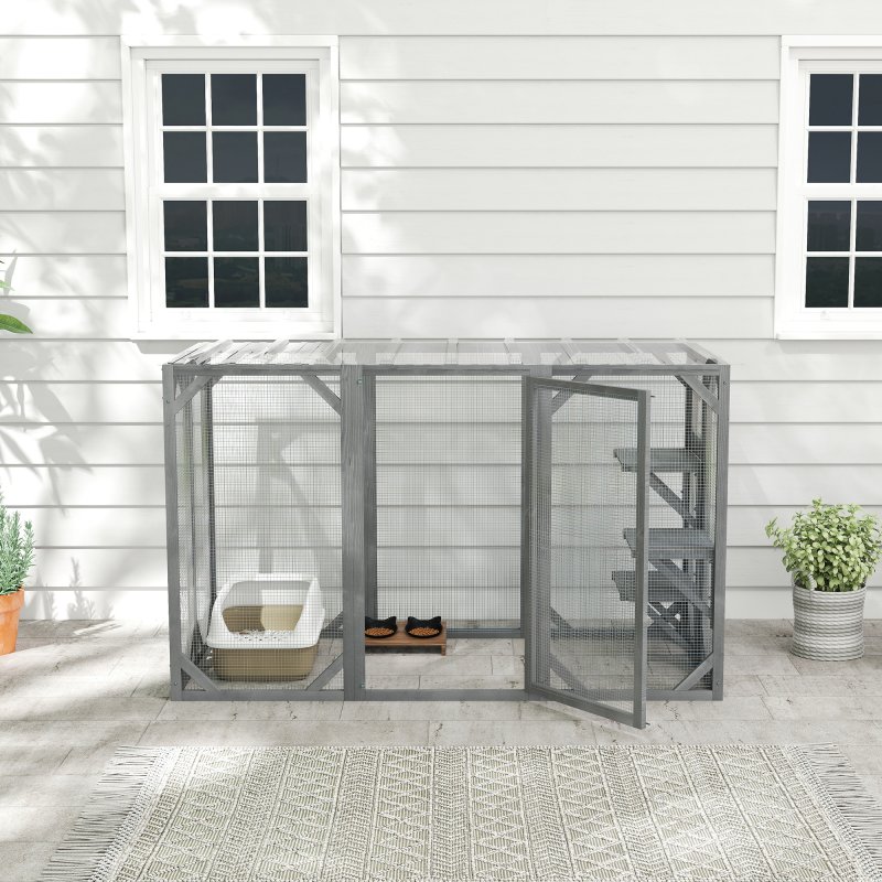 Pawhut Wooden Cat House 71" Catio Outdoor Cat Enclosure with 3 Platforms Large Door