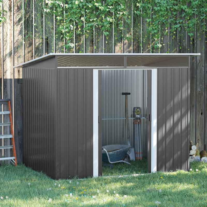 Outsunny 8.5 x 6ft Metal Shed with Lightsky Panels, Garden Storage Tool House with Double Doors for Garden, Patio and Lawn, Grey