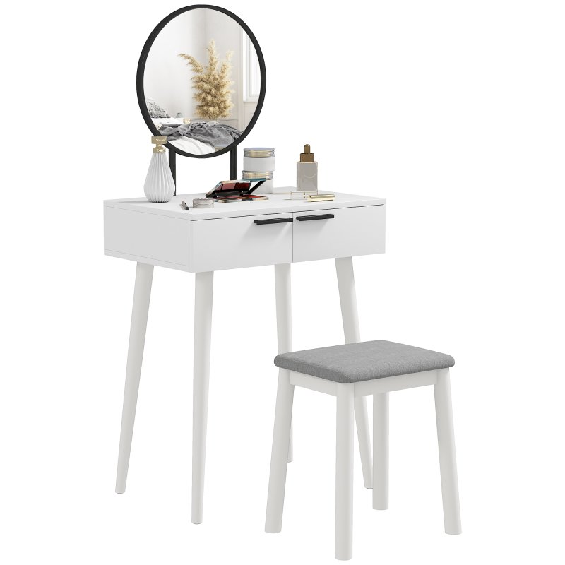 HOMCOM Dressing Table with Mirror and Stool, Vanity Makeup Desk Set with 2 Drawers, Cushioned Stool and Make-up Organiser for Bedroom and Dressing Room, 60 x 40 x 123 cm, White