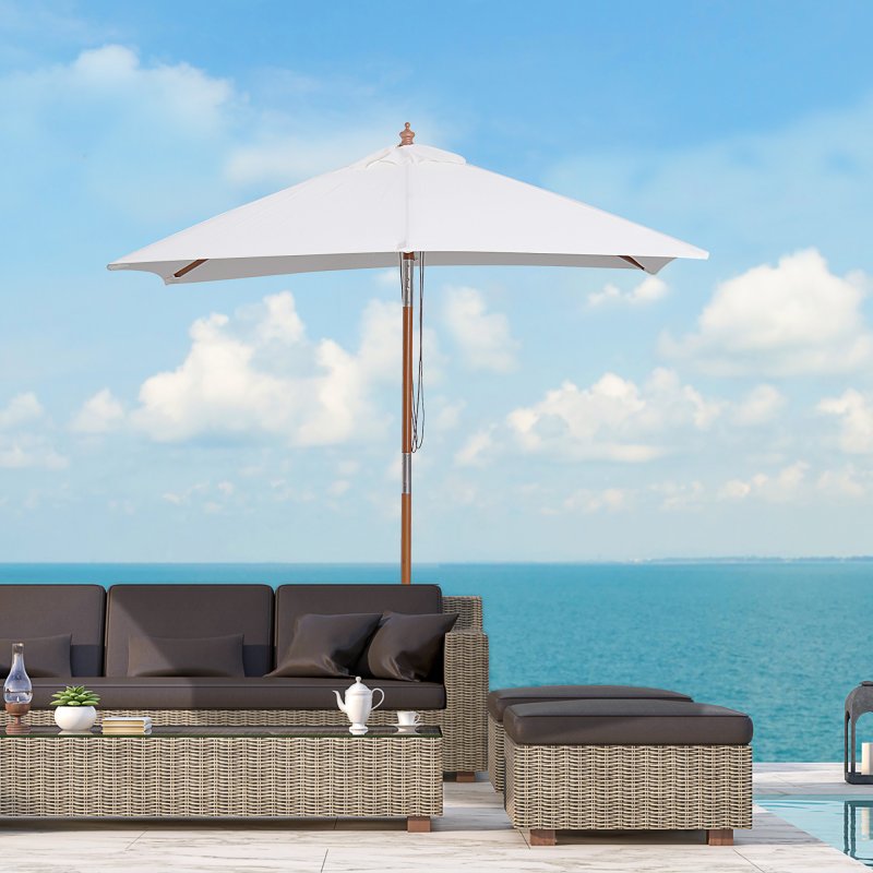 Outsunny 2m x 1.5m Garden Parasol Umbrella with Tilting Sunshade Canopy, Outdoor Market Table Umbrella with Wood and Bamboo Frame, Cream White