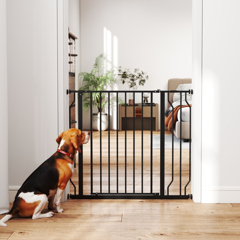 PawHut Dog Gate Wide Stair Gate w/ Door Pressure Fit Pets Barrier for Doorway, Hallway, 76H x 75-95W cm - Black
