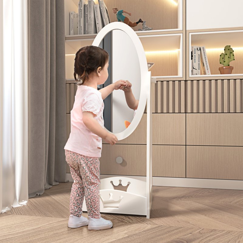 HOMCOM Free Standing Full Length Mirror, Child's Dressing Mirror with storage shelf, Children's White Bedroom Furniture 360?? Rotation MDF, For 3- 8 Years Old, 40L x 30W x 104H cm