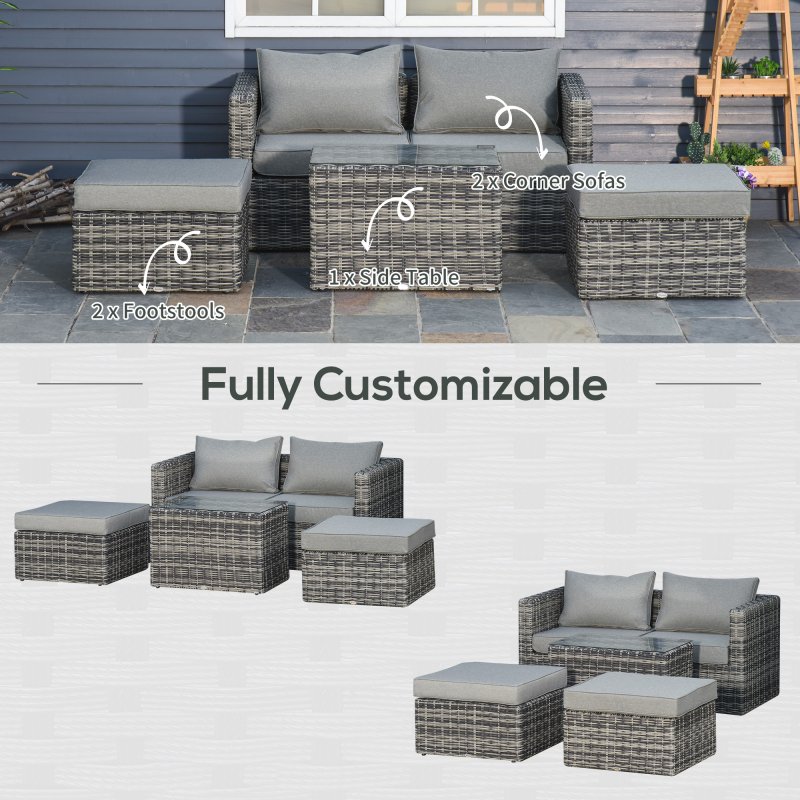 Outsunny 5 Piece Rattan Garden Furniture Set w/ 10cm Thick Cushions, Aluminium Frame Wicker Outdoor Balcony Sofa Set with Corner Armchairs, Ottomans, and Glass Top Table, Mixed Grey