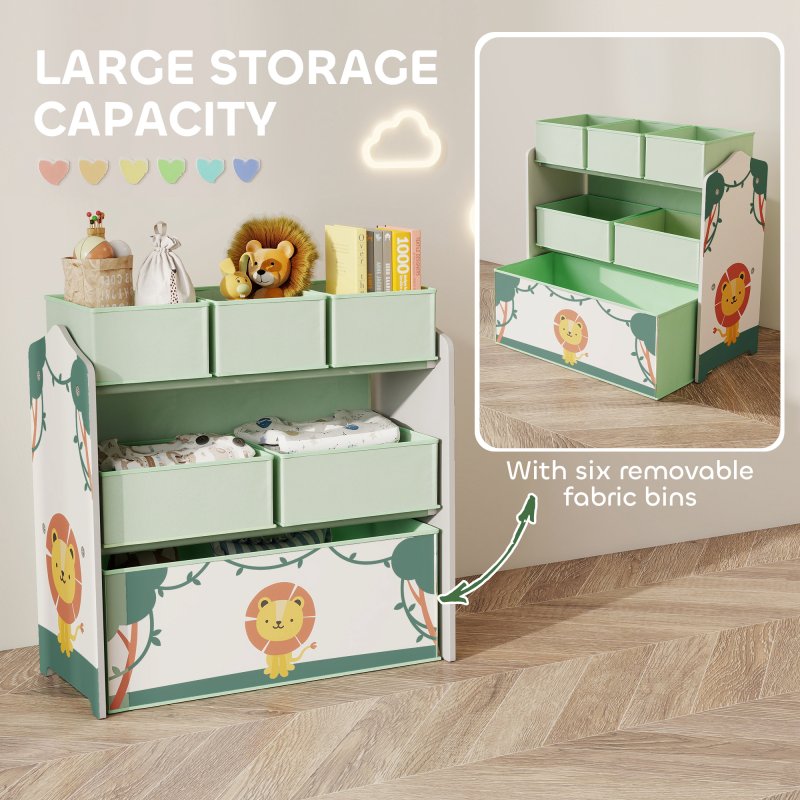 AIYAPLAY Kids Toy Storage Units, 3-Tier Toy Organiser Shelf with 6 Removable Fabric Boxes for Kids, Boys, Girls, Bedroom, Playroom, Nursery, Green