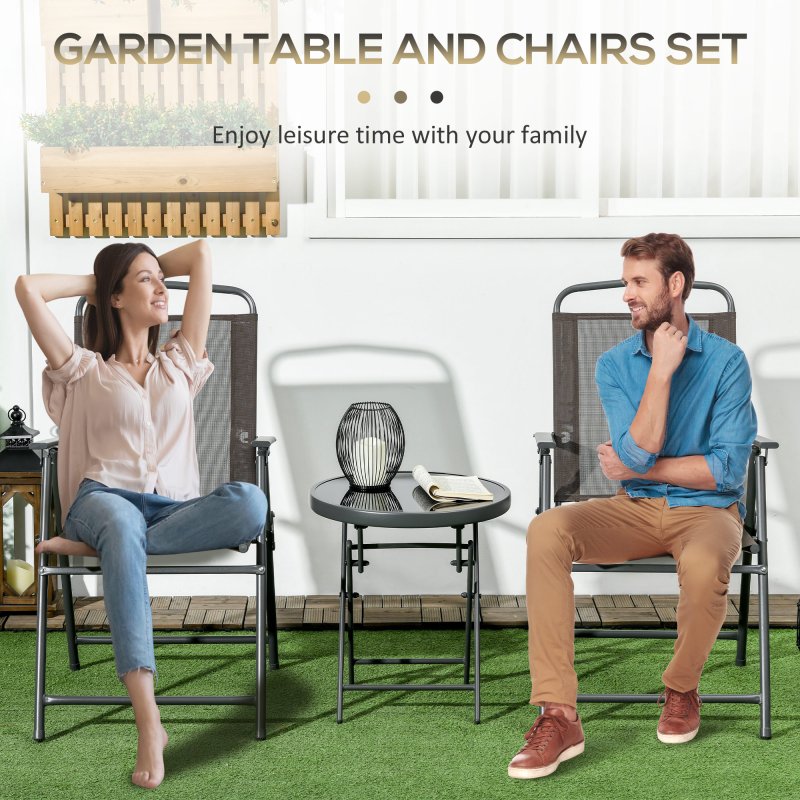 Outsunny Garden Bistro Set, 3 Pieces Table and Chairs Set, Outdoor Garden Furniture with Foldable Breathable Mesh Fabric Armchairs & Glass Top Coffee Table, Brown