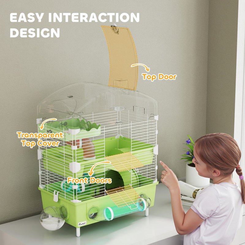 PawHut 3-Tier Hamster Cage, Hamster Habitat with Transparent Top, Sand Bathroom, Exercise Wheel, Hideout Room, Tubes, Small Animal Cage for Dwarf Hamster, 45 x 28 x 60 cm, Green