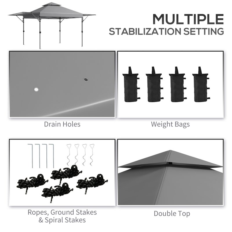 Outsunny 3 x 3(m) Pop Up Gazebo with Extend Dual Awnings, 1 Person Easy up Marquee Party Tent with 1-Button Push, Double Roof, Wheeled Bag, Sandbags, Height Adjustable Instant Shelter, Grey
