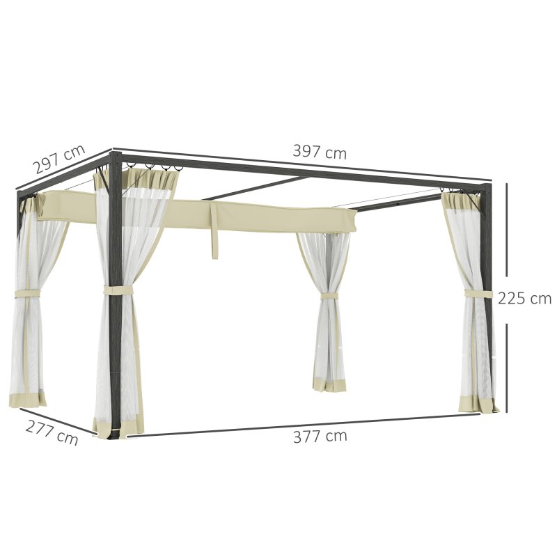 Outsunny 3 x 4 m Pergola with Retractable Roof Canopy and Netting Sidewalls, Aluminium Frame Garden Gazebo Outdoor Sun Shade Shelter for Grill, Patio, Deck, Khaki