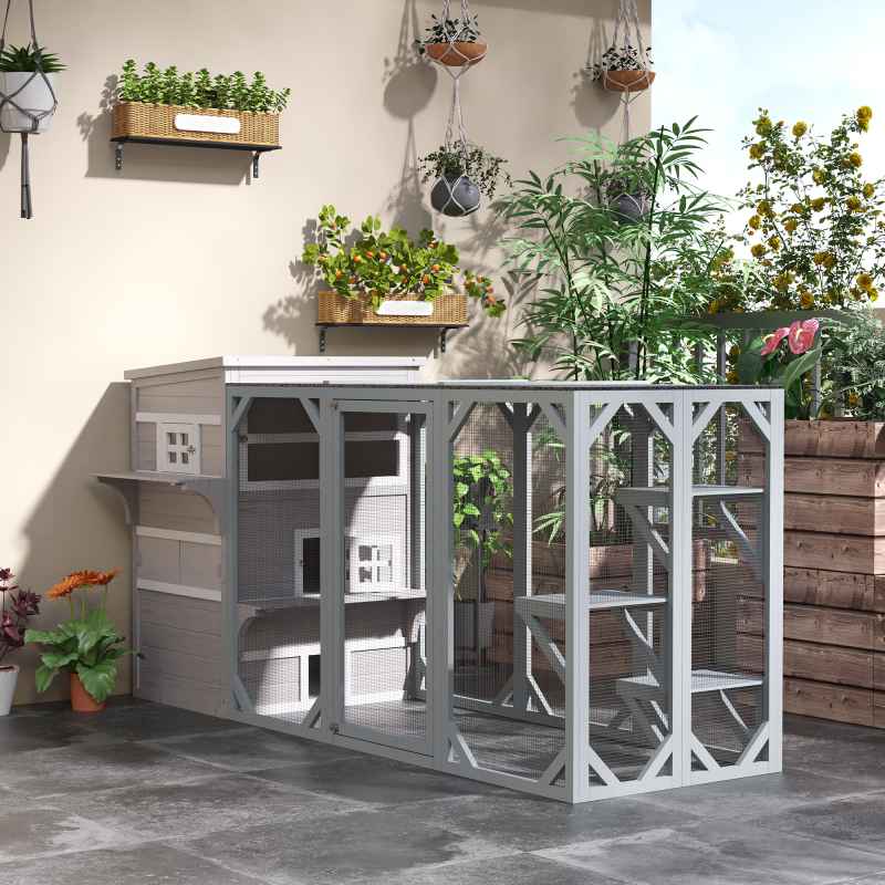 PawHut Outdoor Cat House, 3 Tier Wooden Kitten Shelter with Jumping Platforms, Asphalt Roof, Doors for Indoor, Garden - Grey