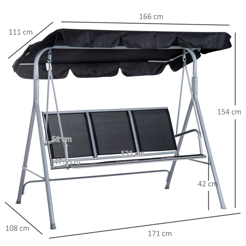 Outsunny 3 Seater Swing Chair, Garden Swing Bench with Adjustable Tilting Canopy, Breathable Mesh Seat and Heavy Duty Metal Frame for Patio, Yard, Black