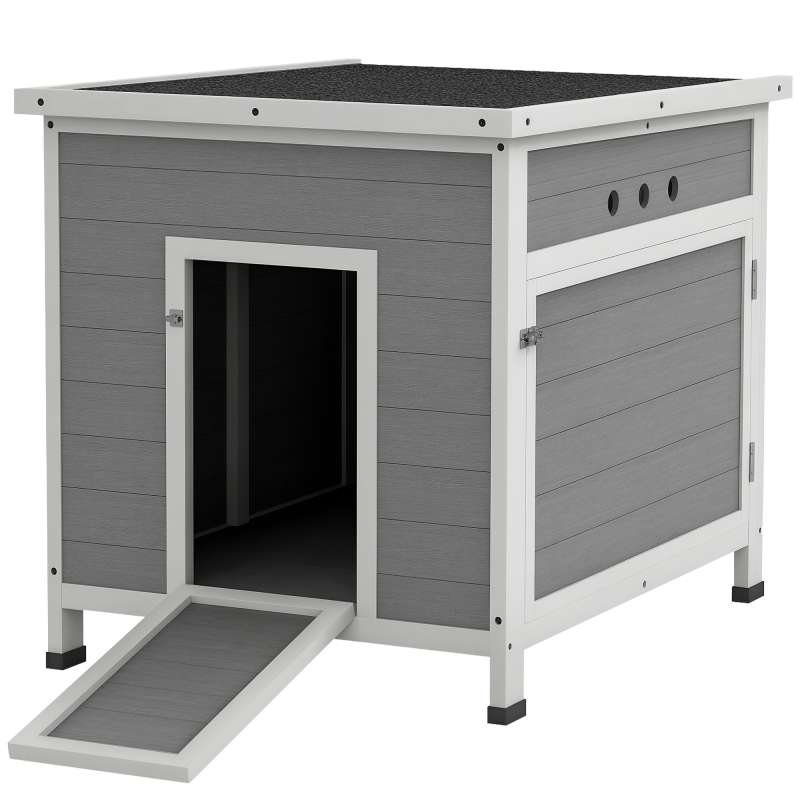 PawHut Wooden Duck House, Raised Poultry Coop with Ramp, Double Doors, Openable Asphalt Roof, Ventilation Holes, Removable Base, for 2-4 Ducks, Chickens, Geese, Light Grey