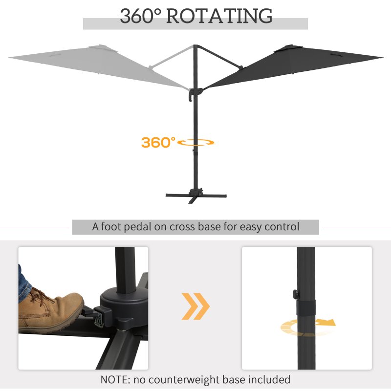 Outsunny 3(m) Cantilever Roma Parasol Adjustable Garden Sun Umbrella with LED Solar Light, Aluminium Frame, Tilt & Crank, UV50+, Cross Base Rotating Outdoor- Dark Grey