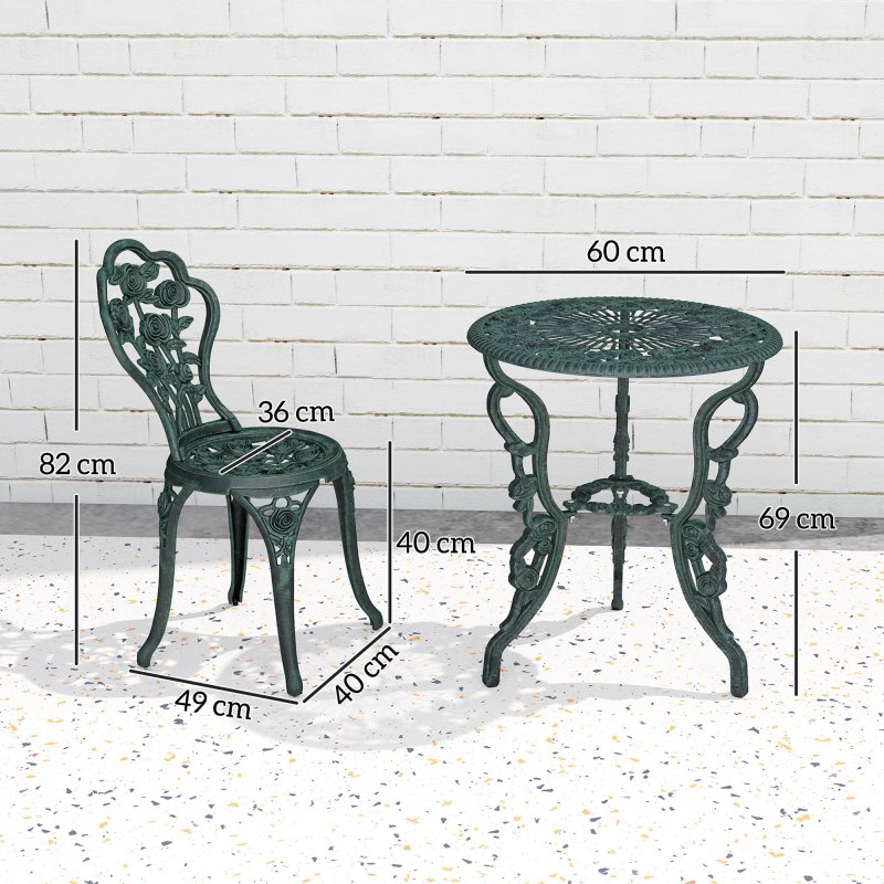 Outsunny Garden Bistro Set with Umbrella Hole, 3 Piece Cast Aluminium Garden Furniture Set, Antique Floral Round Coffee Table and Chairs, Small Balcony Furniture for Outdoor, Patio, Green