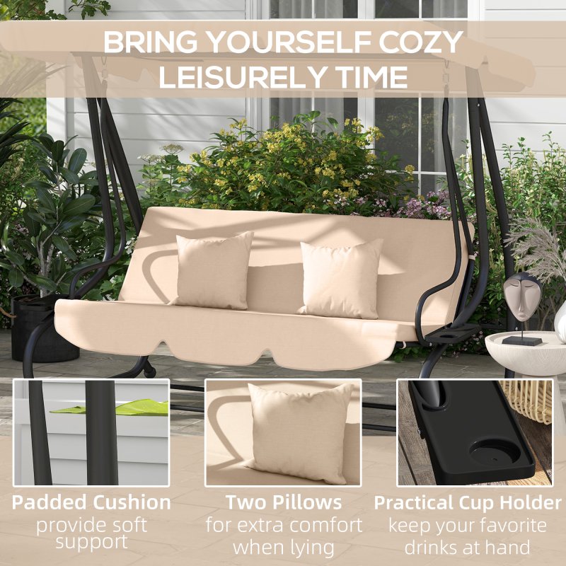 Outsunny 2-in-1 Garden Swing Seat Bed, 3 Seater Convertible Swing Chair Bench with Tilting Canopy, Cushioned Seat and 2 Pillows for Patio, Garden, Light Brown