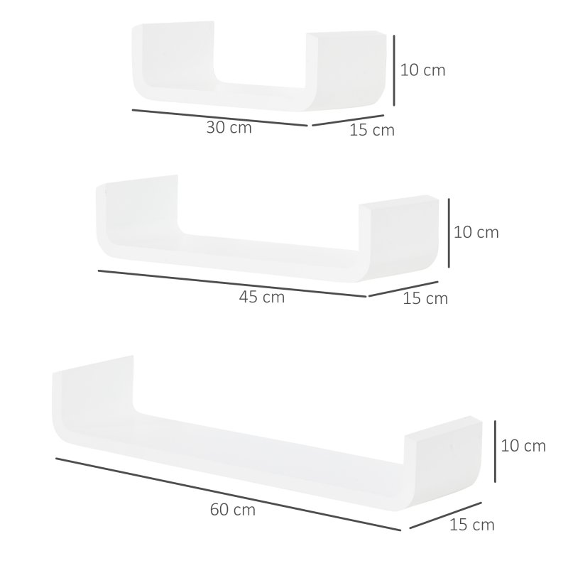 HOMCOM Floating Shelves, Set of 3 Wall Shelf, Shelves for Wall Invisible Mounting, Bedroom Living Room, White