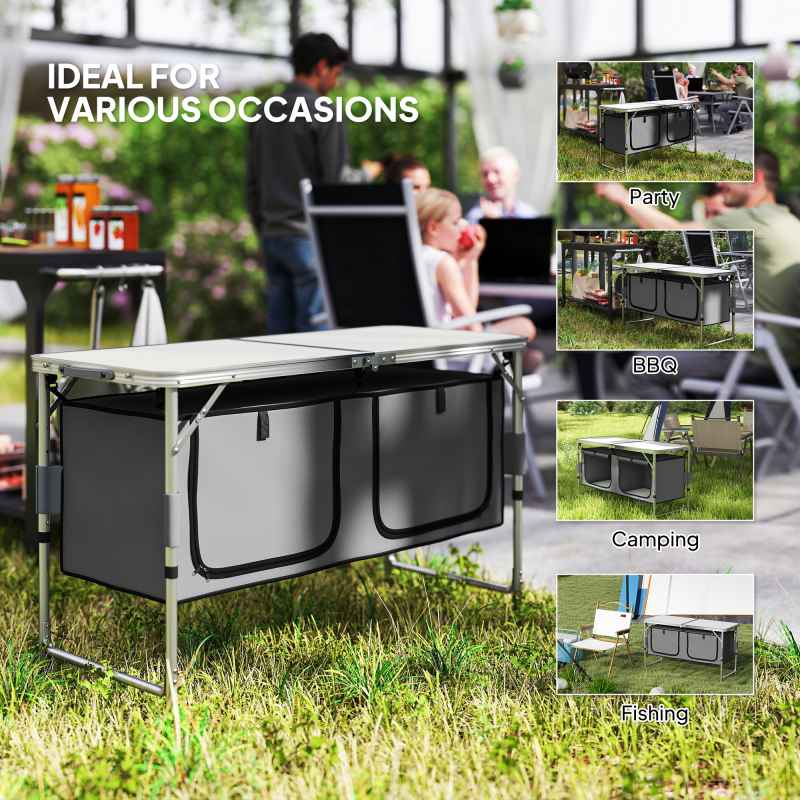 Outsunny 4ft Folding Camping Cupboard Kitchen, Height Adjustable Aluminium Camping Table with Storage, Lightweight Picnic Table for Outdoor Garden BBQ Party